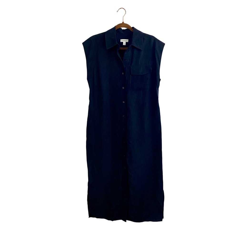 Nordstrom Cupro‎ Viscose Shirtdress Black Sleeveless Button Front Midi Dress S